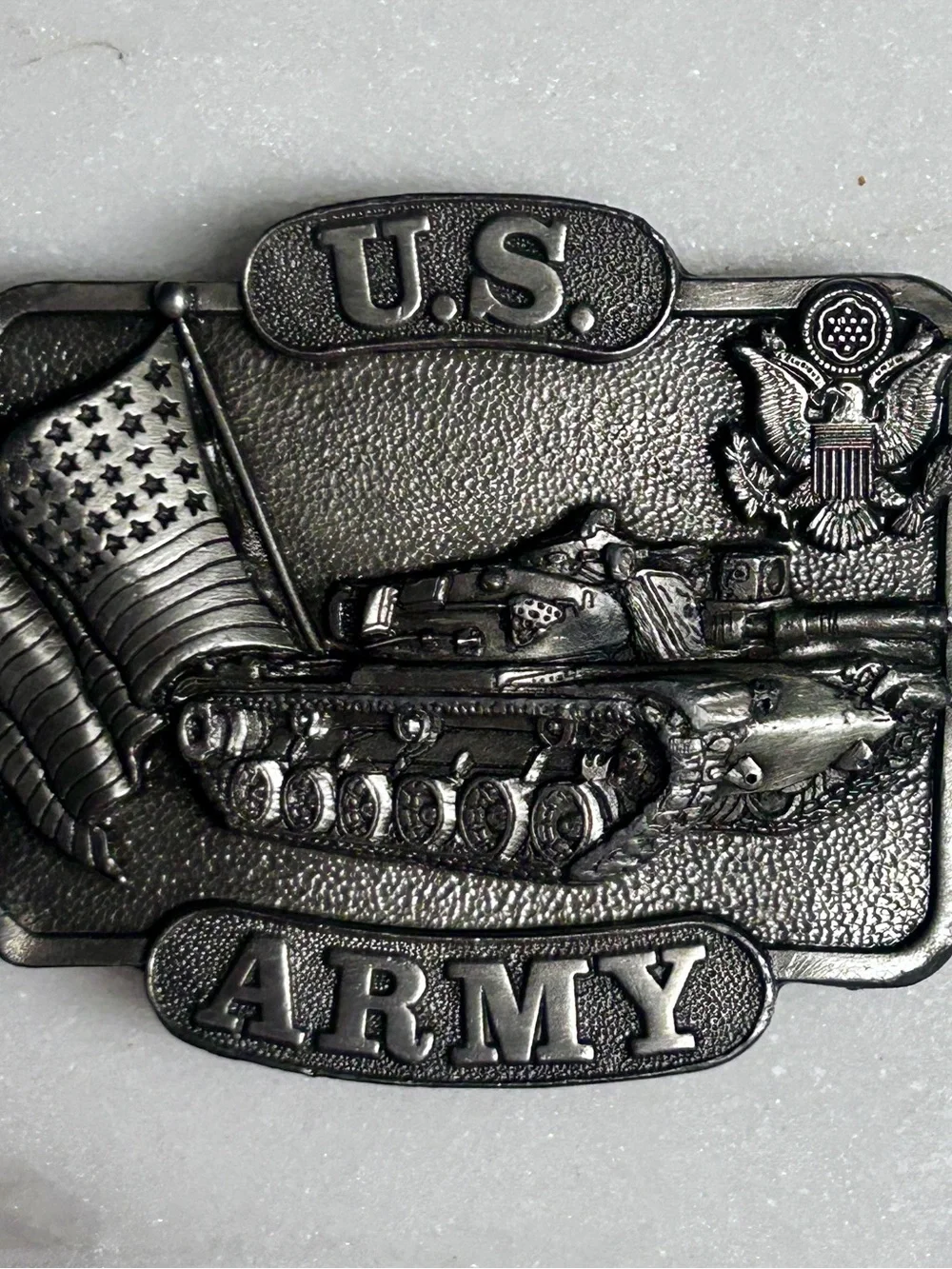Bergamot Brass Works ~ 1982 ~ US Army Tank Flag & Seal Belt Buckle W/ Army Tank